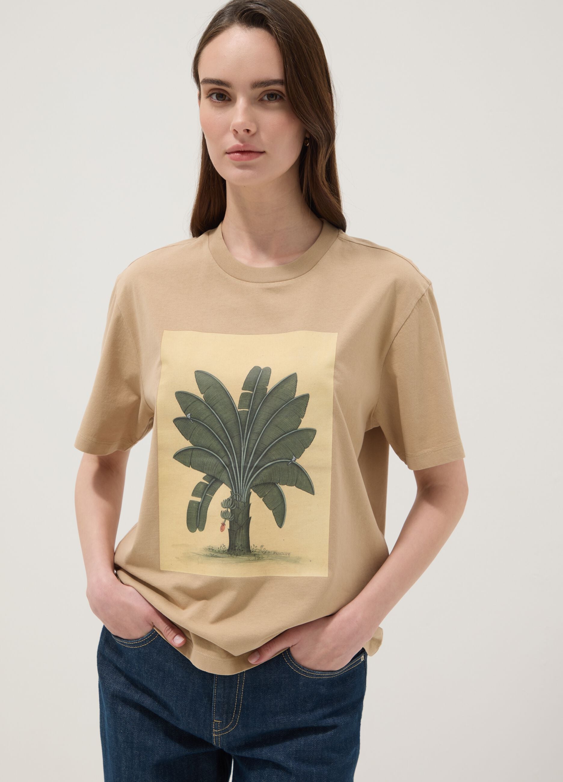 Beige pure cotton T-shirt with front print