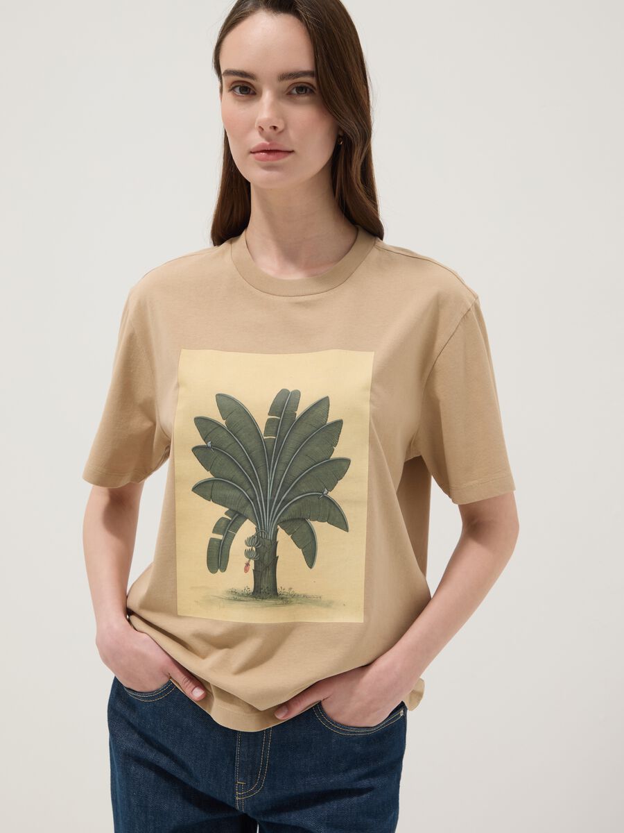 T-shirt beige in puro cotone con stampa frontale_1