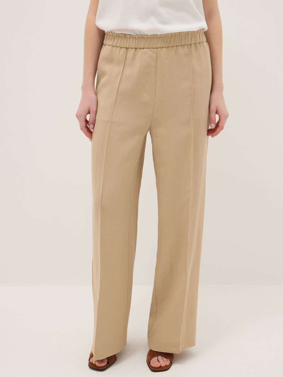 Beige wide leg jogger trousers in Lyocell and viscose blend_1