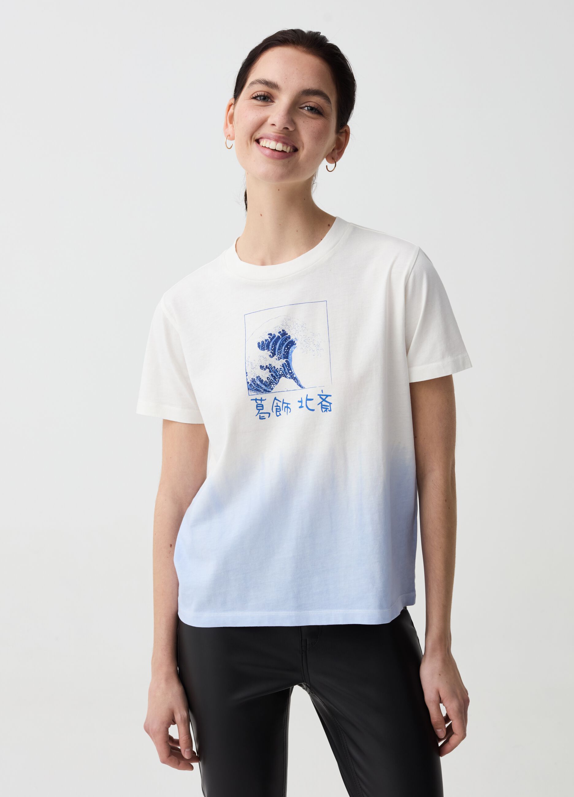 T-shirt con stampa dipinto La Grande Onda di Kanagawa