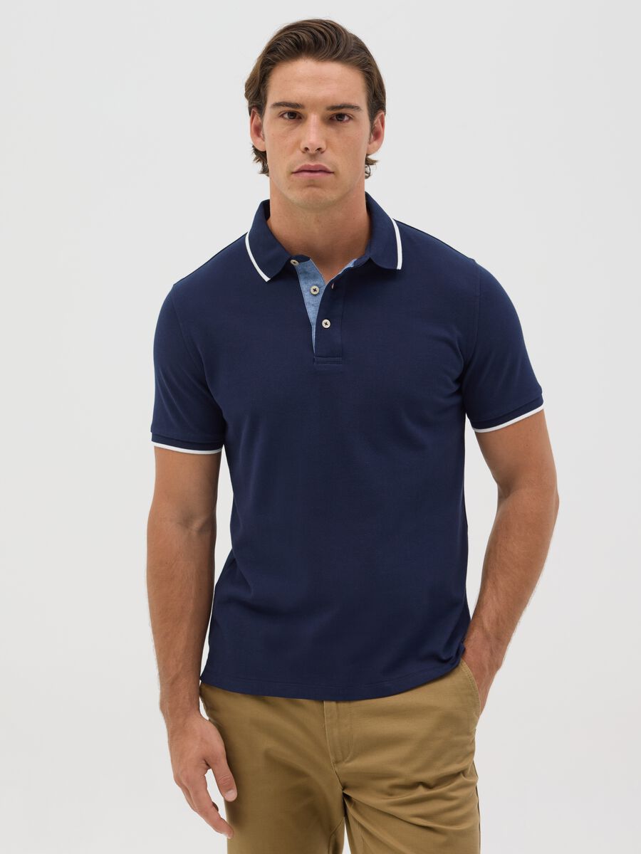 Blue polo shirt with short sleeves in cotton_0