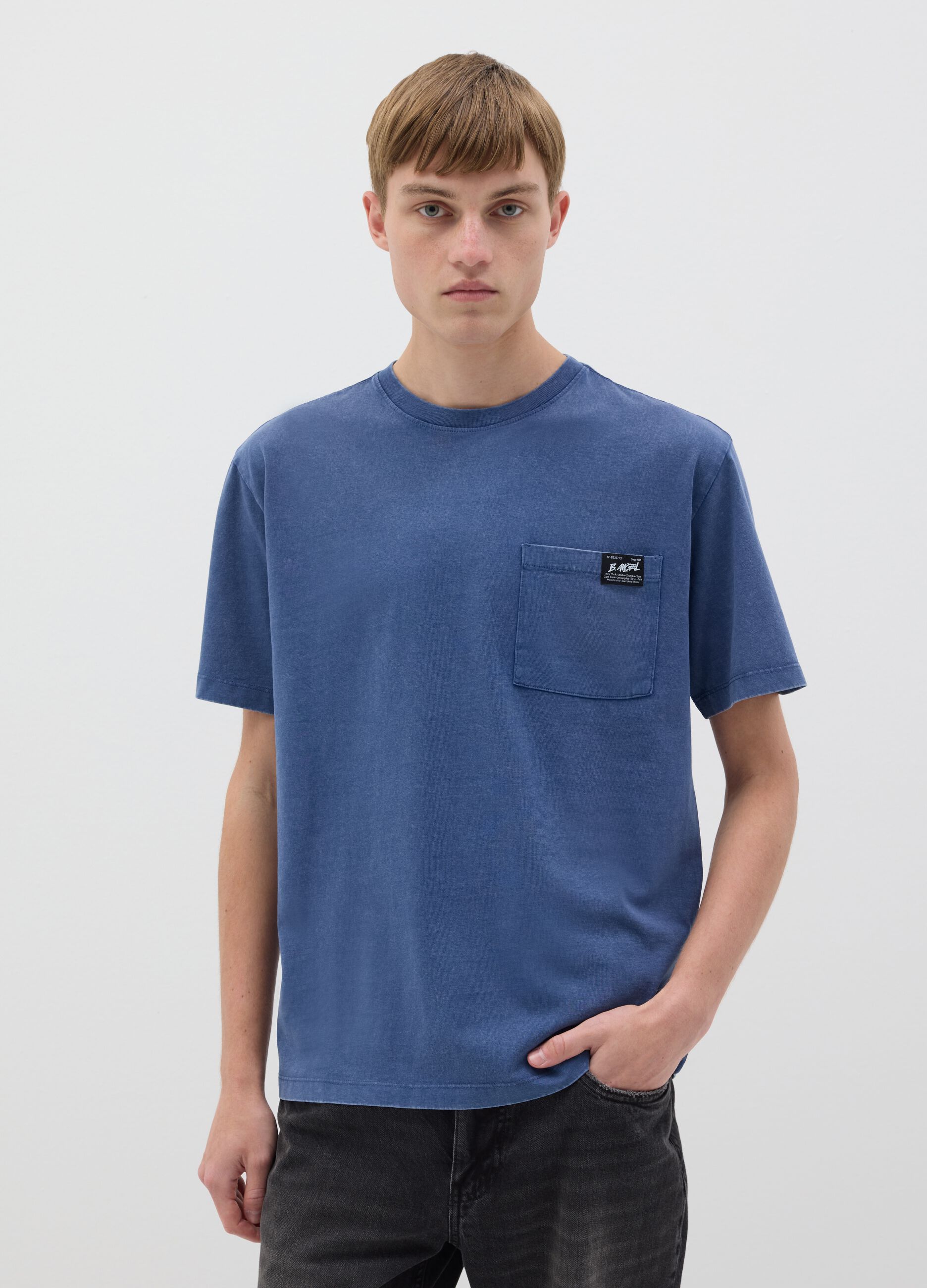 Men's Blue Crew Neck Cotton T-Shirt