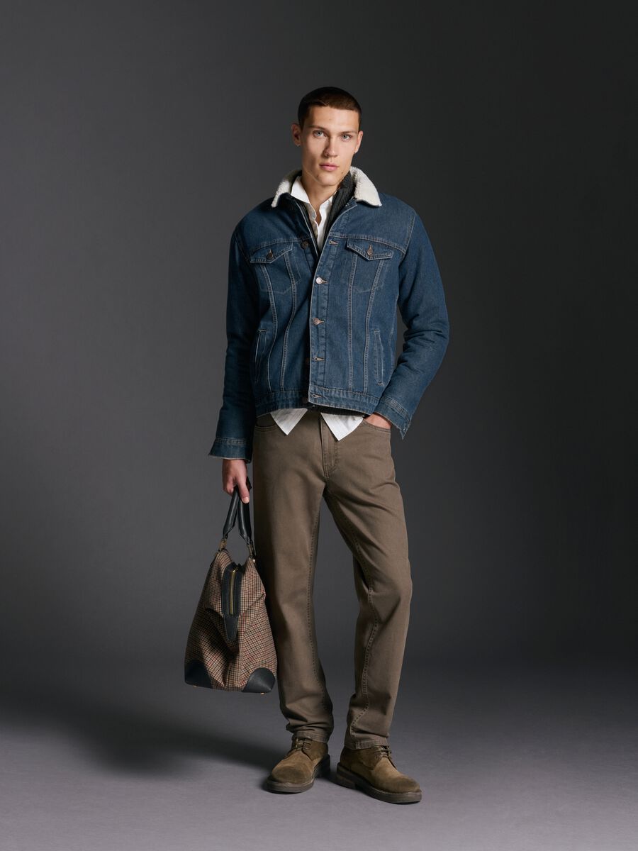 Brown slim fit stretch cotton trousers_0