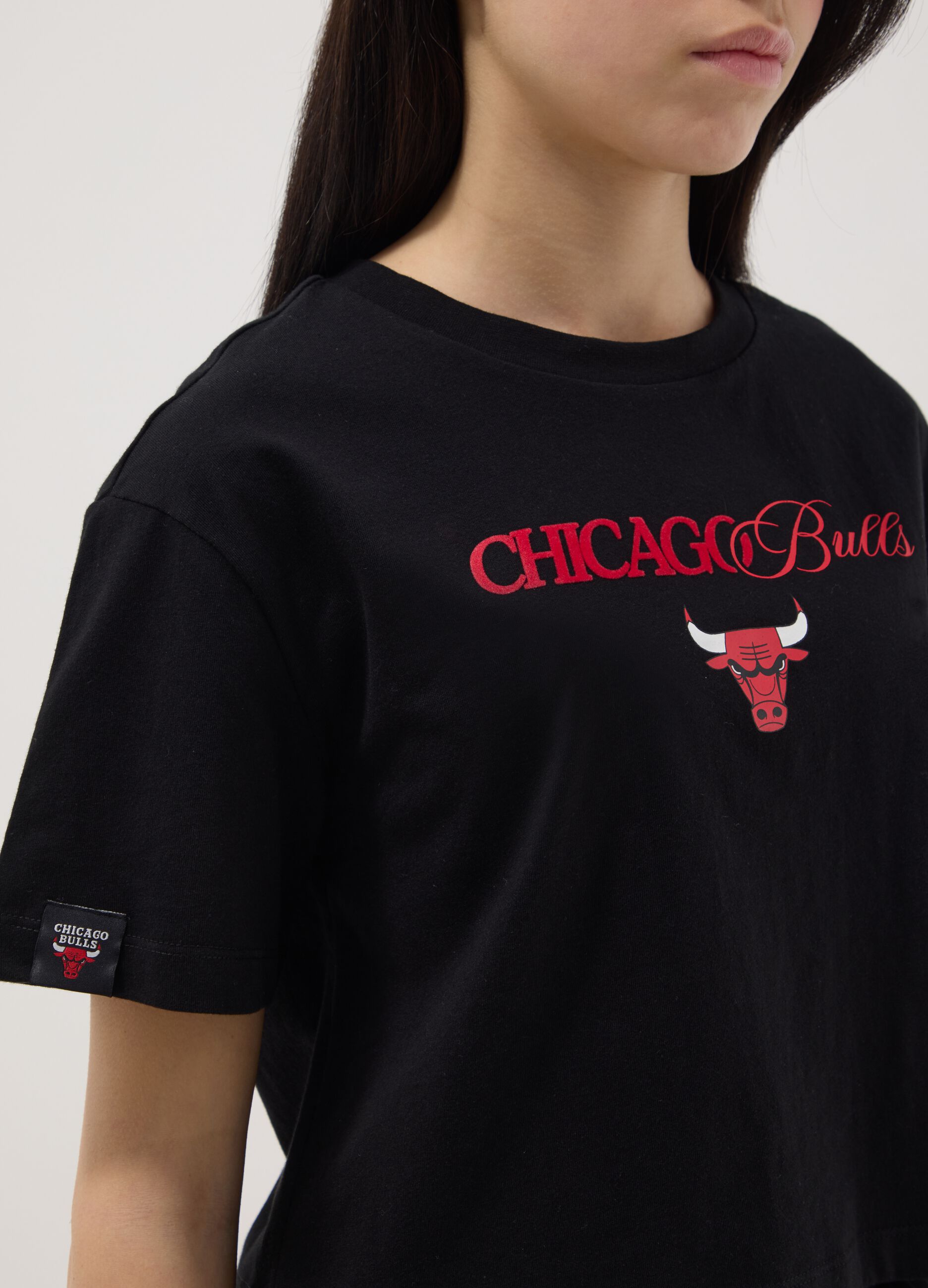 Girls' pure black cotton relaxed fit Chicago Bulls T-shirt