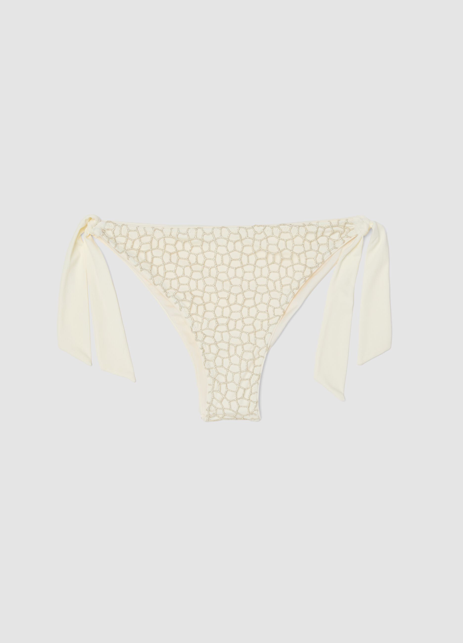 White bikini bottoms with mesh-effect embroidery and tie sides