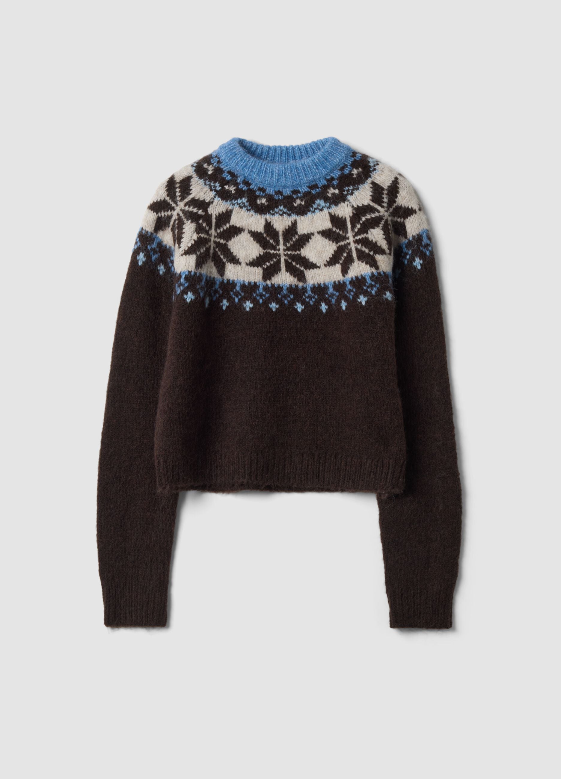 Brown wool-blend jumper with raised jacquard collar