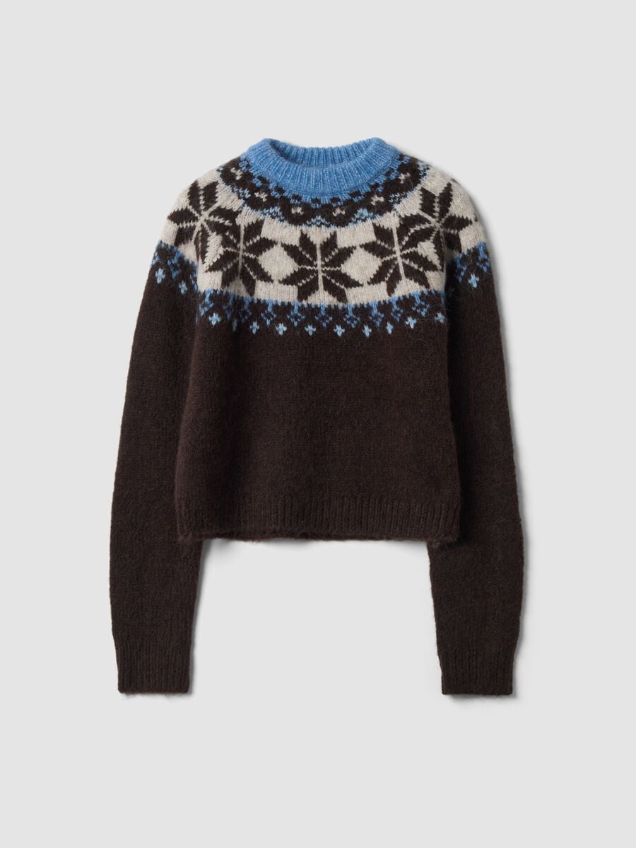 Brown wool-blend jumper with raised jacquard collar_0