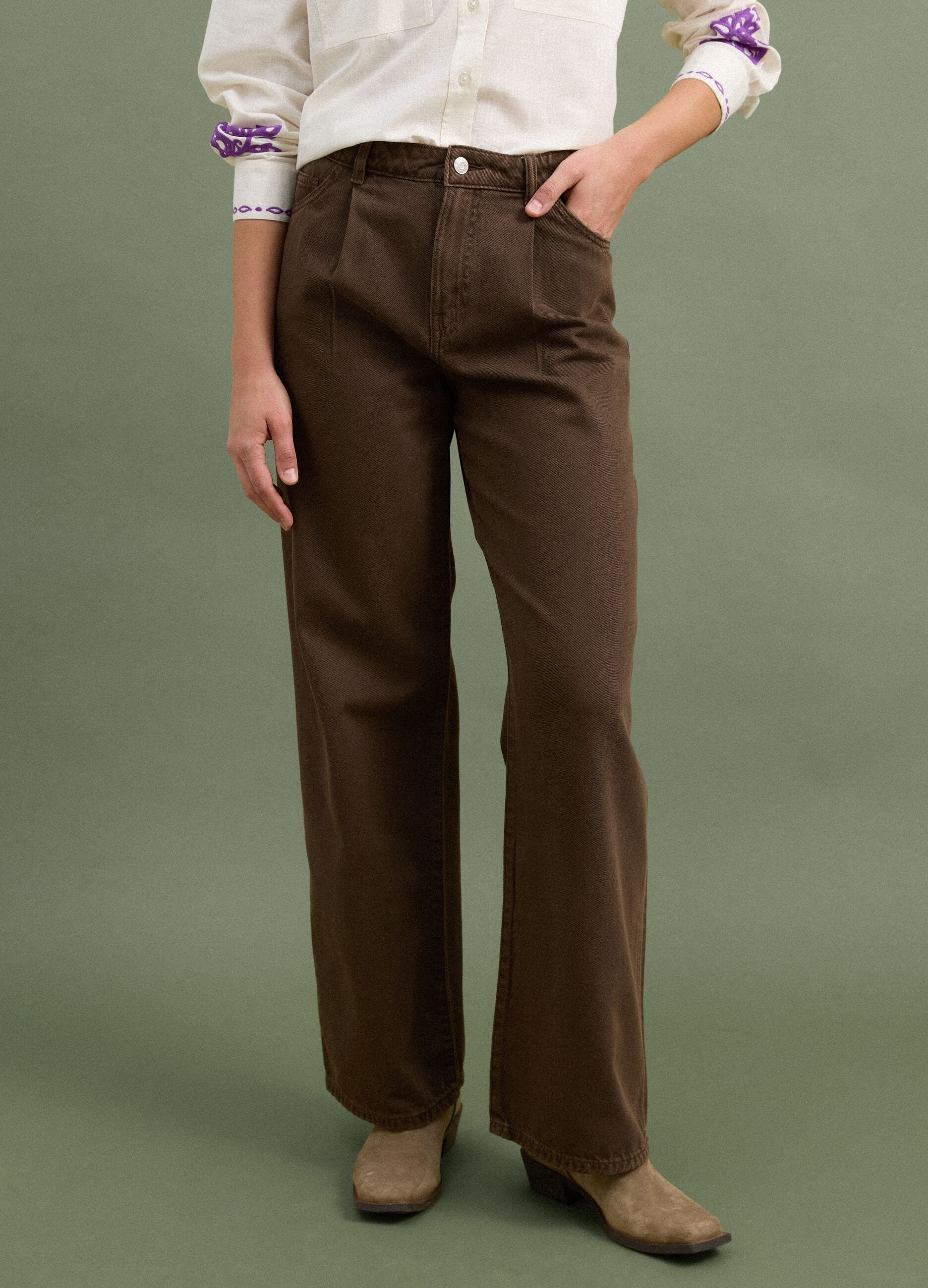 High-waisted wide-leg brown jeans in pure cotton