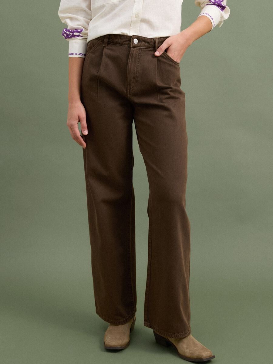 Jeans marrone wide leg a vita alta in puro cotone_1