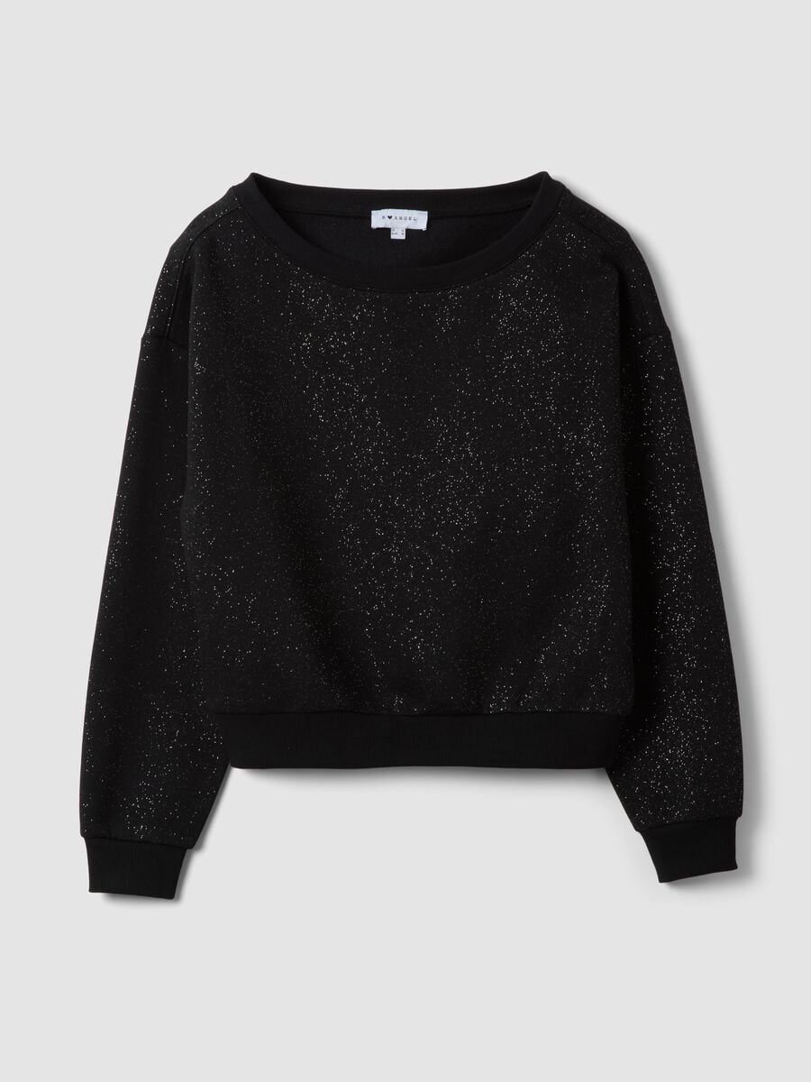 Black cotton-blend sweatshirt with boat neckline and glitter_0