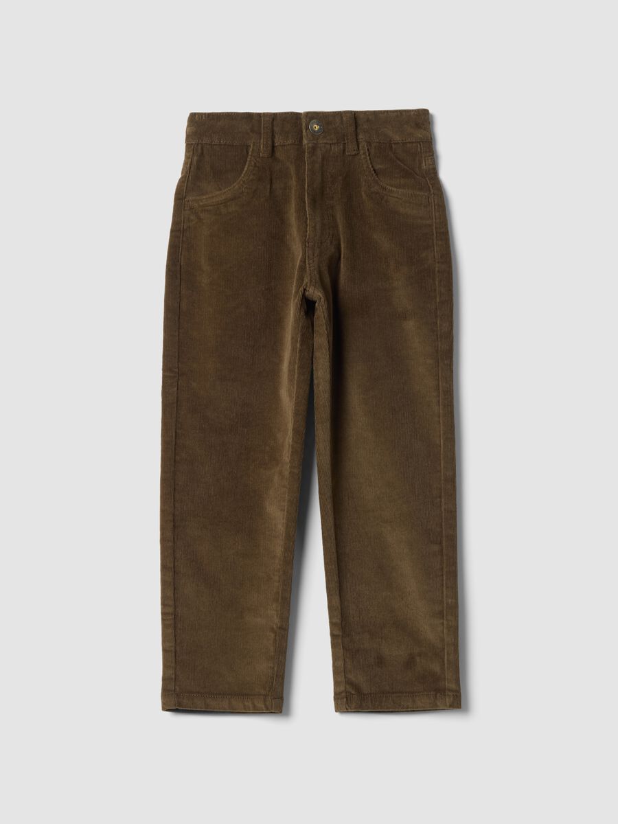 Pantaloni marroni in cotone elasticizzato a coste_0