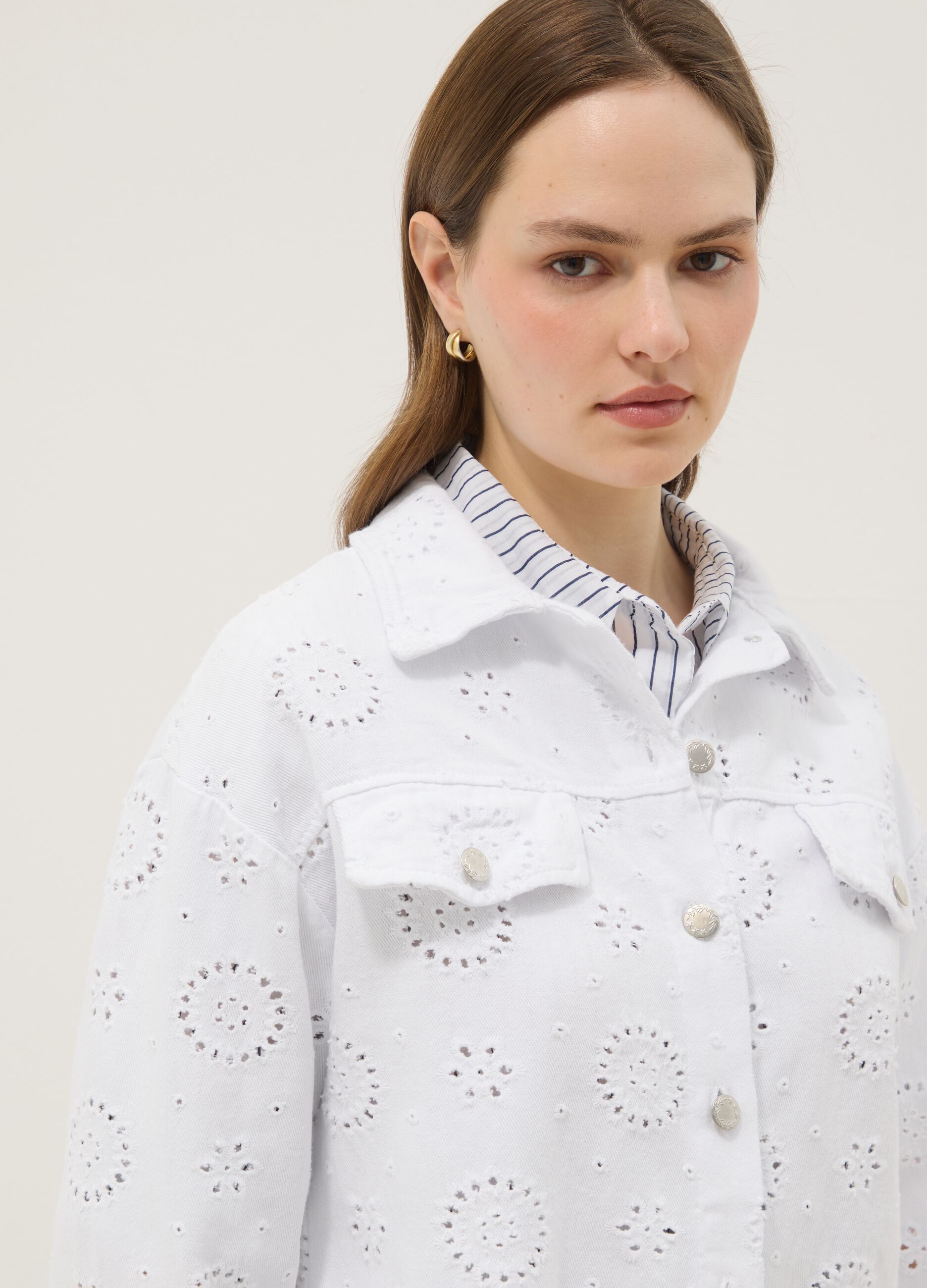 White pure cotton jacket with Broderie Anglaise embroidery, regular fit