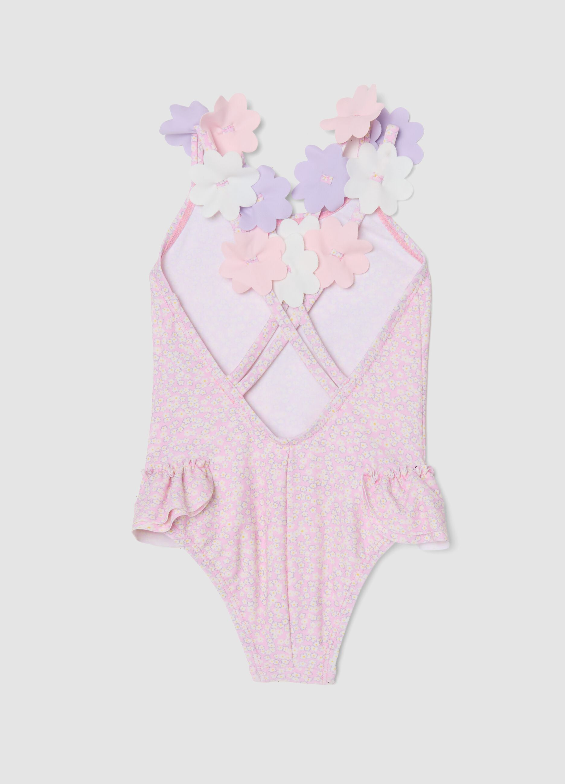 Pink stretch swimsuit with appliqu&eacute; flowers