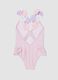 Pink stretch swimsuit with appliqu&eacute; flowers_1
