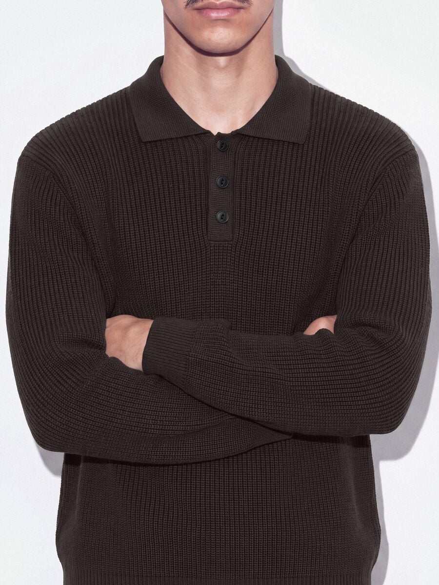 Maglia marrone in puro cotone con colletto polo over fit_2