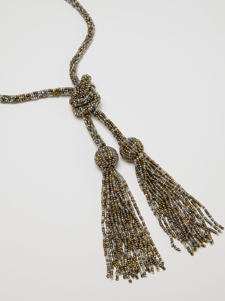 Long grey and gold necklace with beads and tassels_2