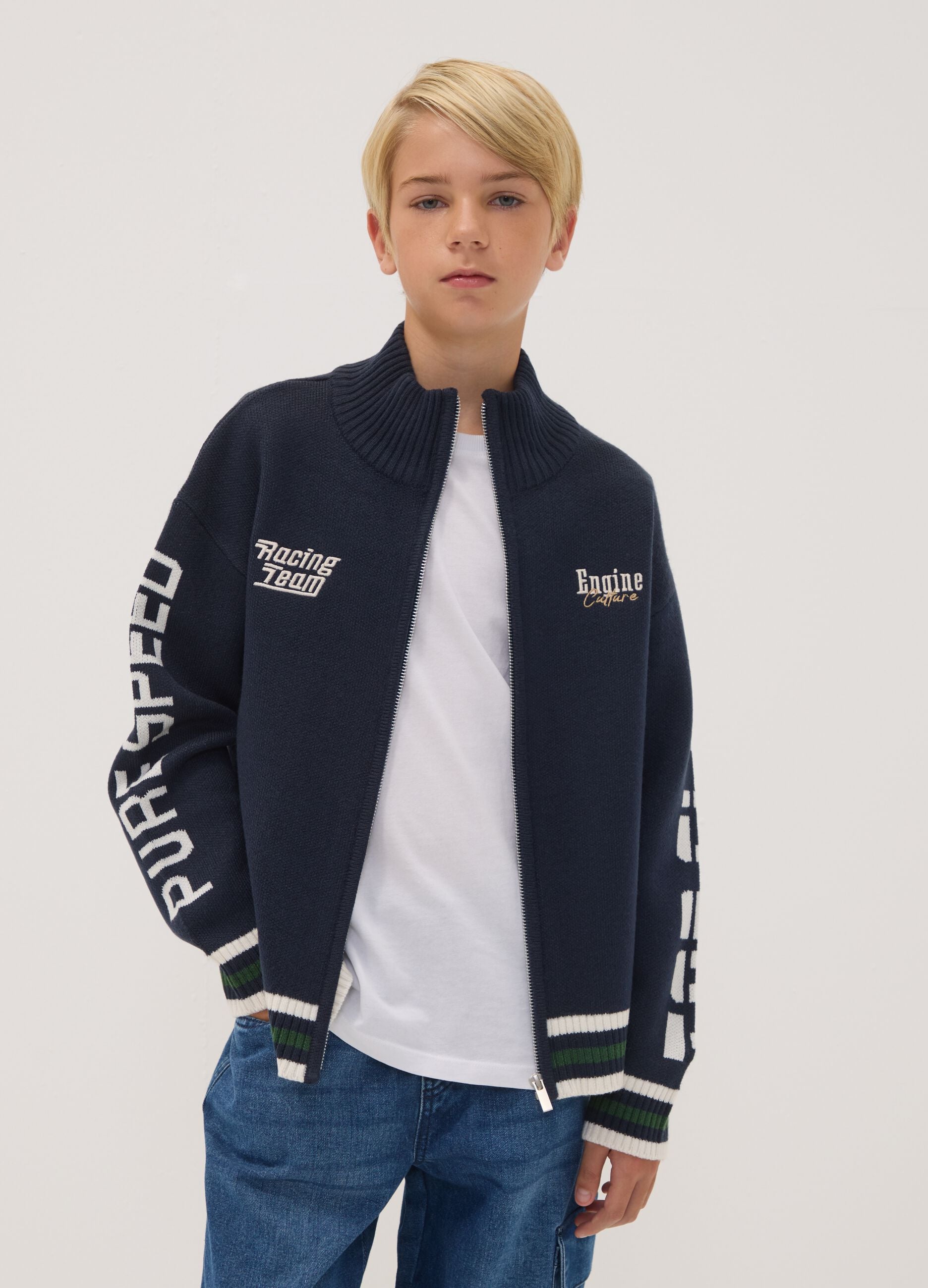 Blue zip-up cardigan with racing embroidery