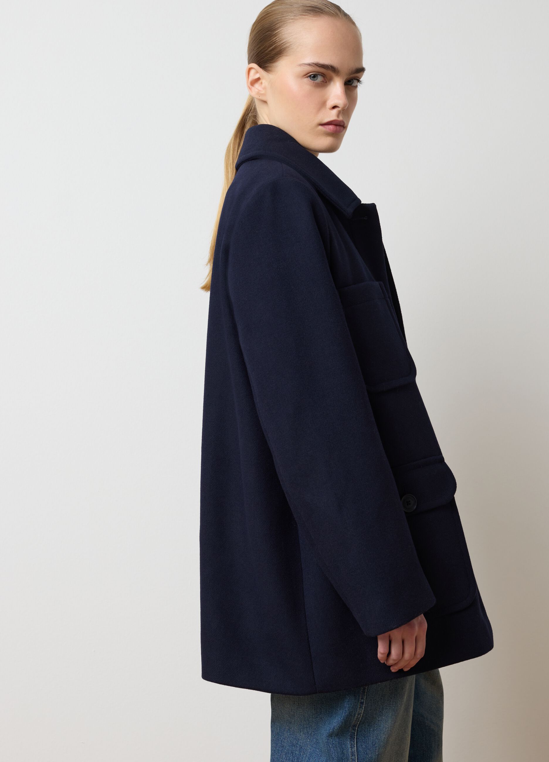 Blue wool blend regular fit coat with buttons and pockets