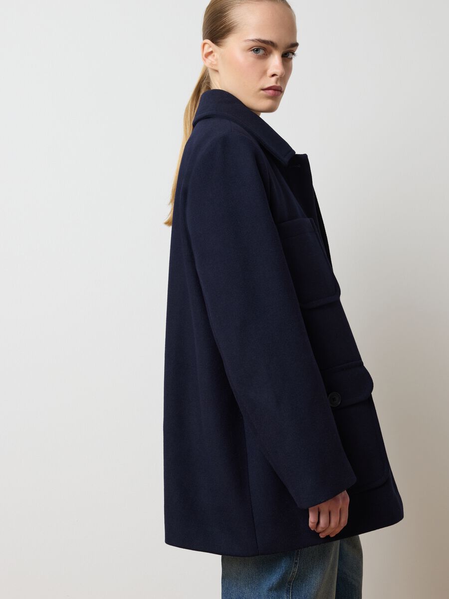 Cappotto in misto lana blu regular fit con bottoni e tasche_0