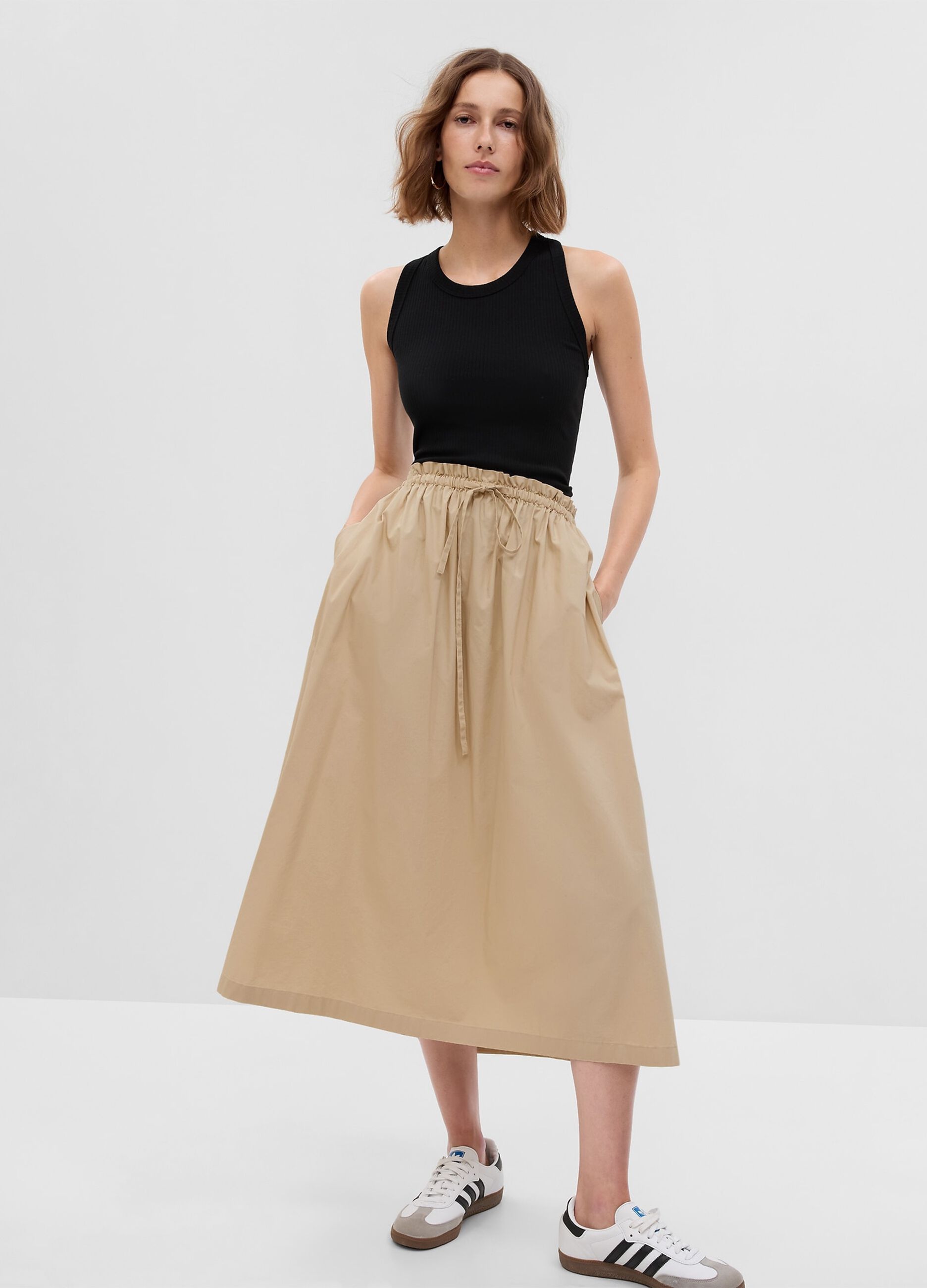 Paper bag midi skirt with drawstring