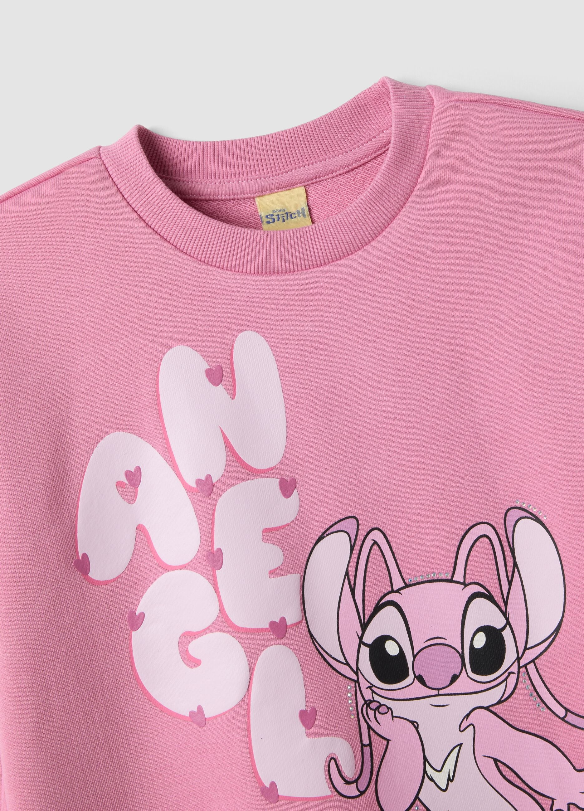 Pink cotton-blend crew-neck tracksuit with Stitch print for girls