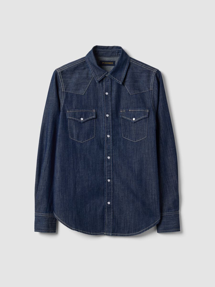 Dark blue pure cotton denim shirt, regular fit_4