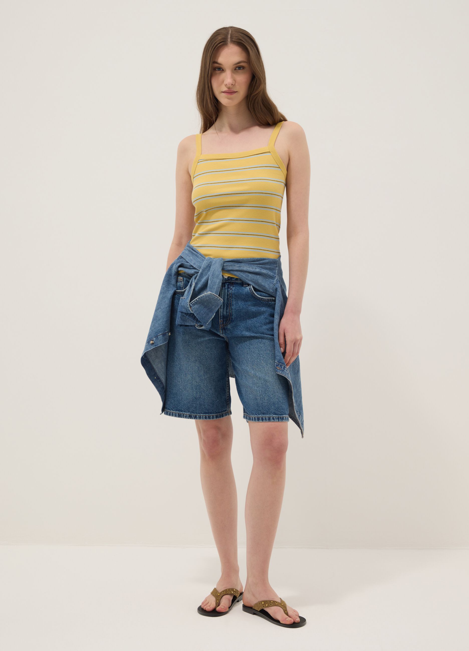 Yellow striped pure cotton regular-fit tank top