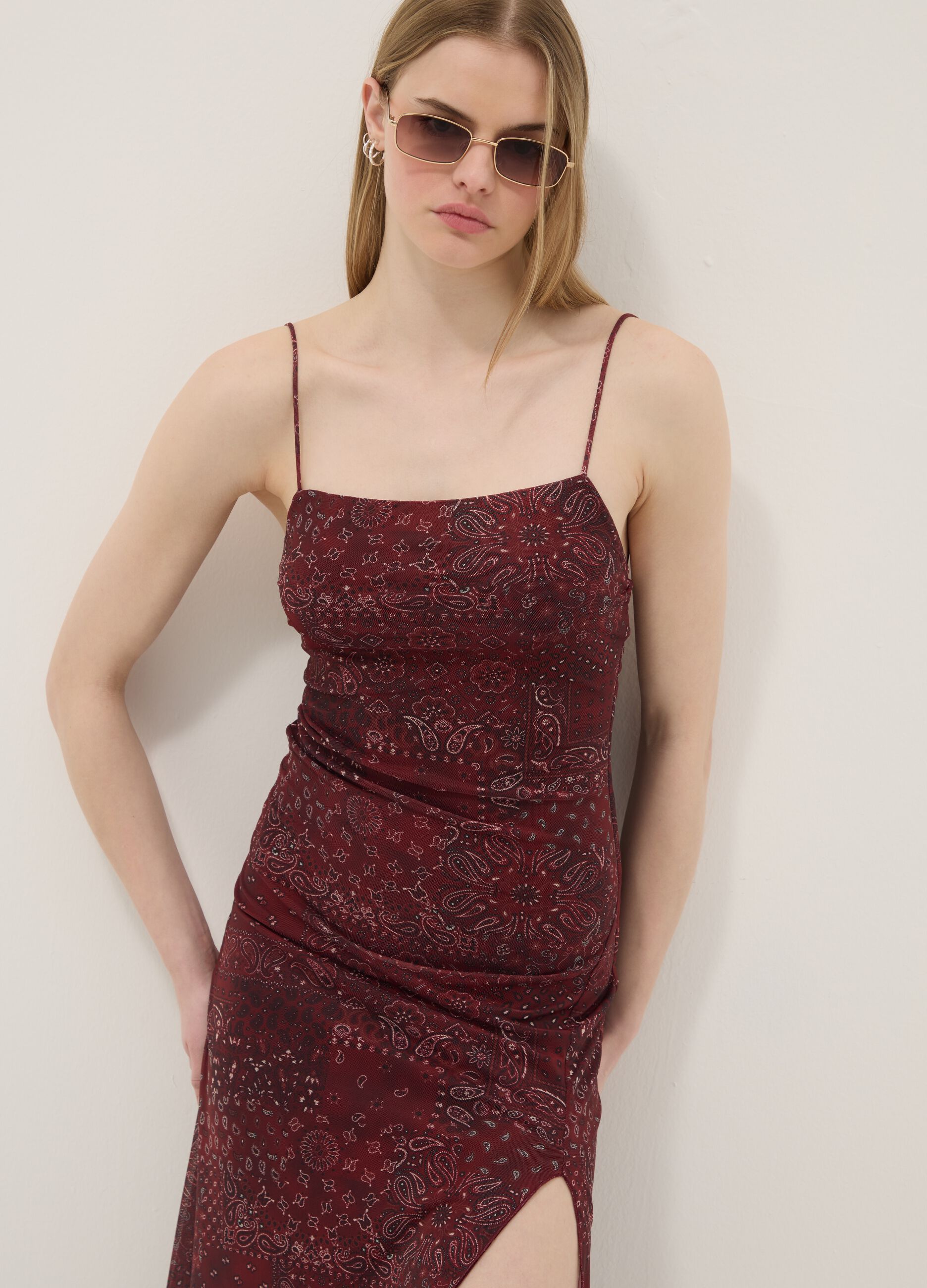 Red paisley stretch maxi dress with side slit