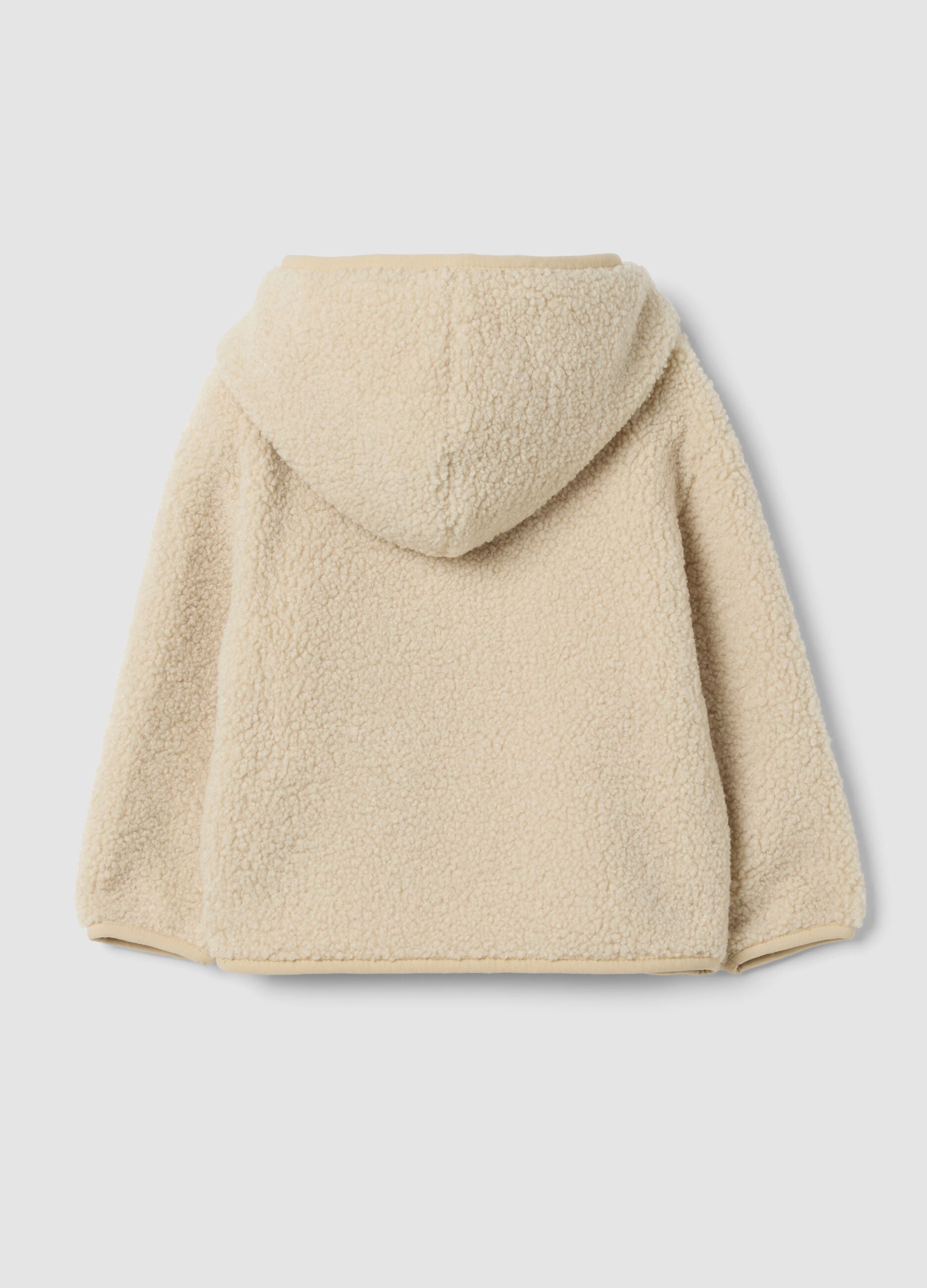 Beige hooded zip-up oversized jacket with teddy texture