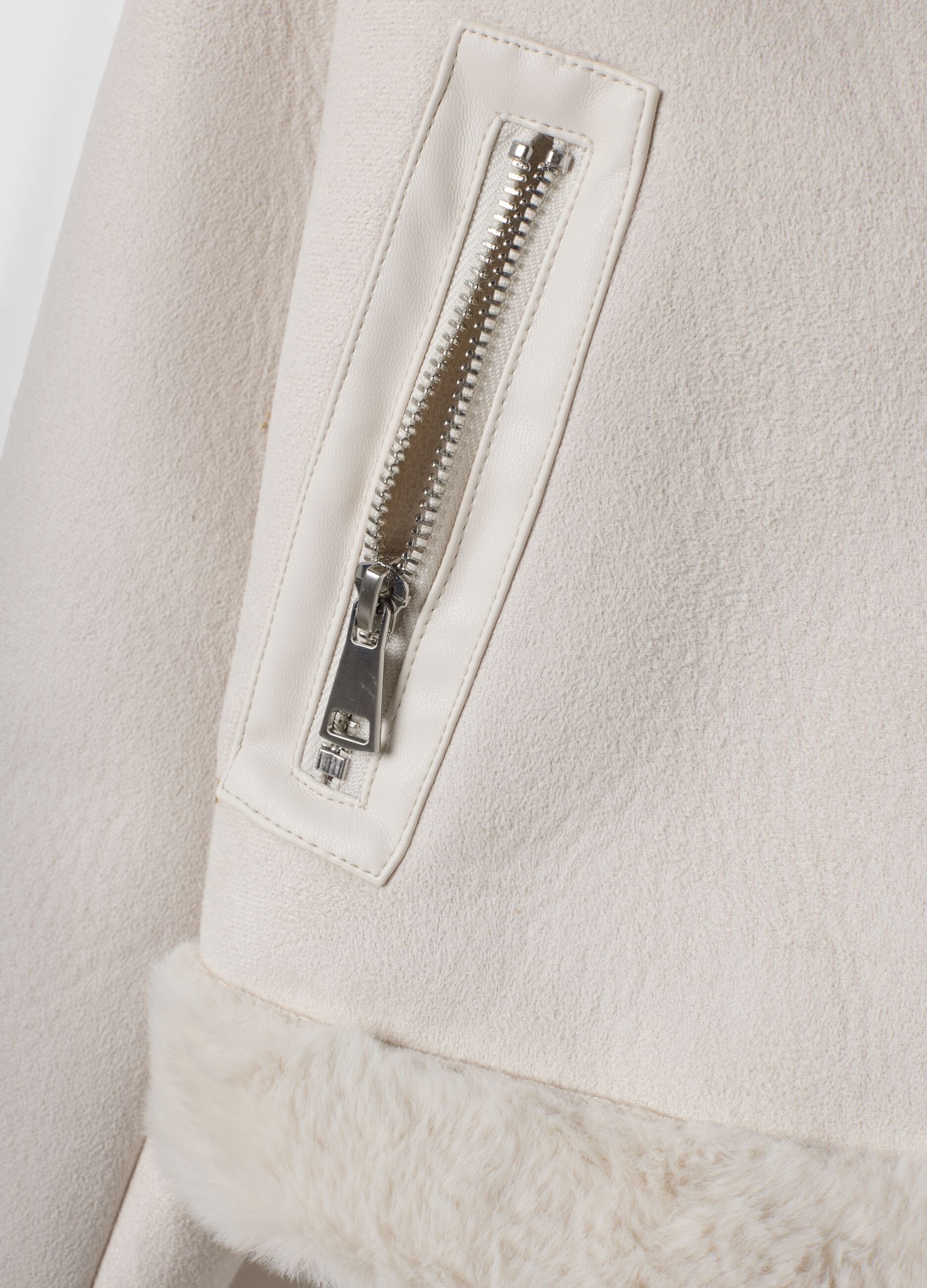 White slim-fit jacket with diagonal zip and shearling-effect trims