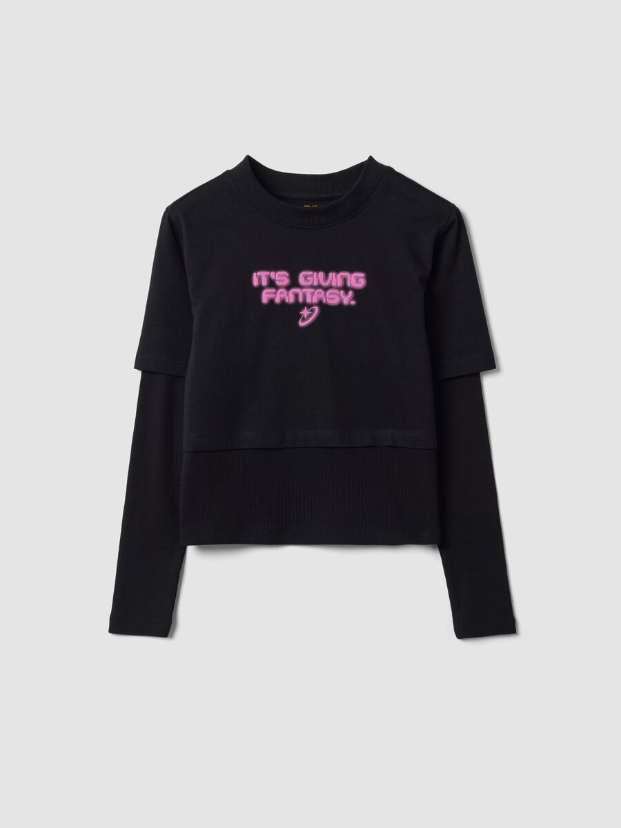 T-shirt nera in puro cotone con collo a costine e stampa boxy fit_3