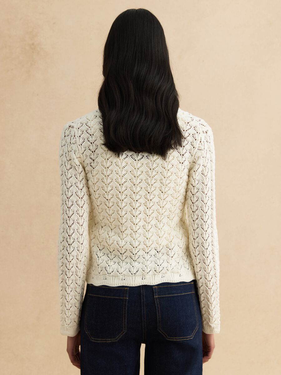 White pure cotton cardigan, regular fit deep V with openwork pattern_3