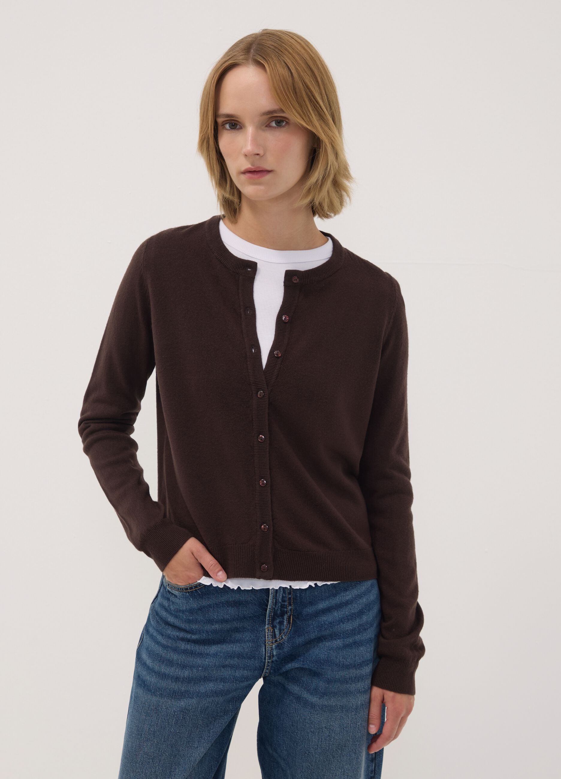 Brown crew-neck regular-fit cardigan with buttons