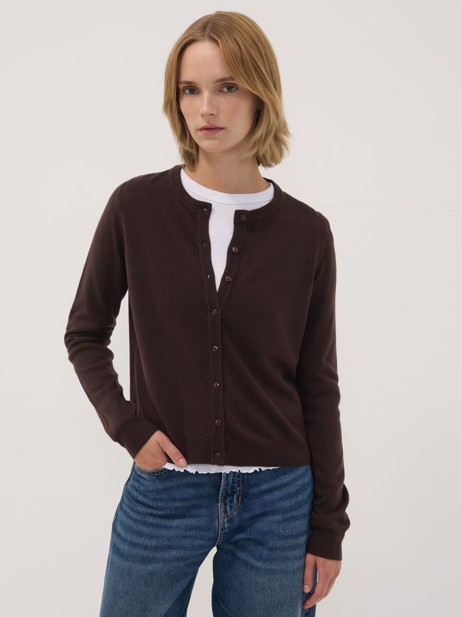 Brown crew-neck regular-fit cardigan with buttons_0