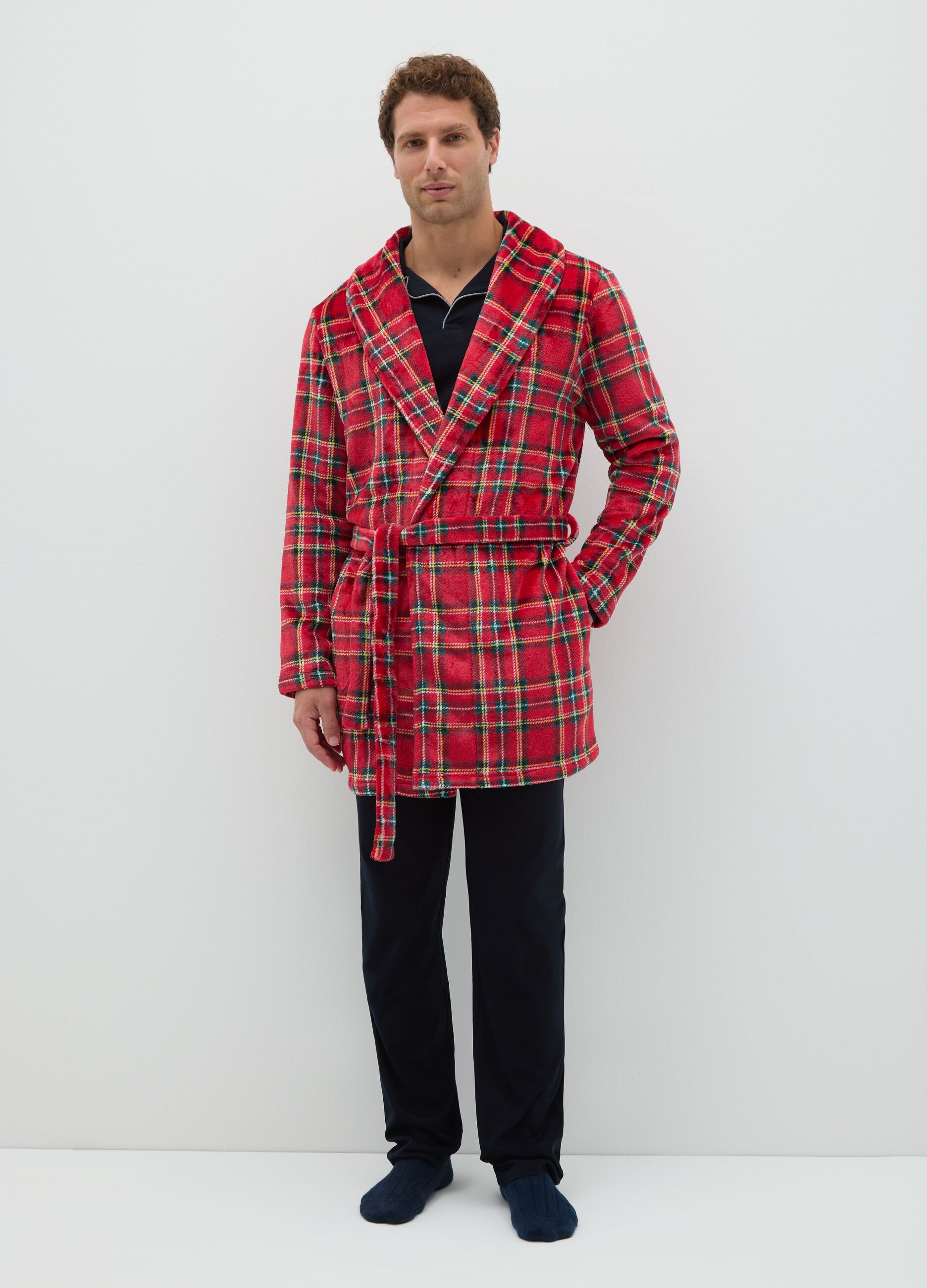 Multicoloured plaid coral fleece dressing gown with belt
