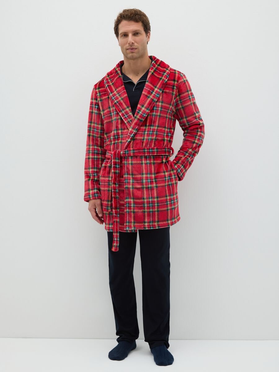 Multicoloured plaid coral fleece dressing gown with belt_0