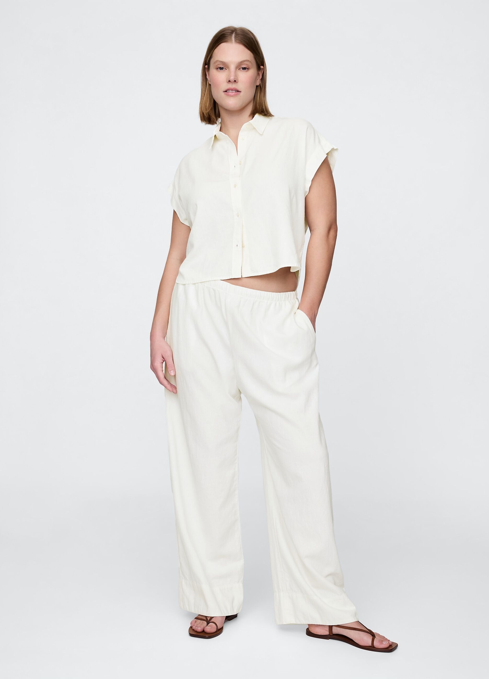 Wide White Linen and Viscose Trousers