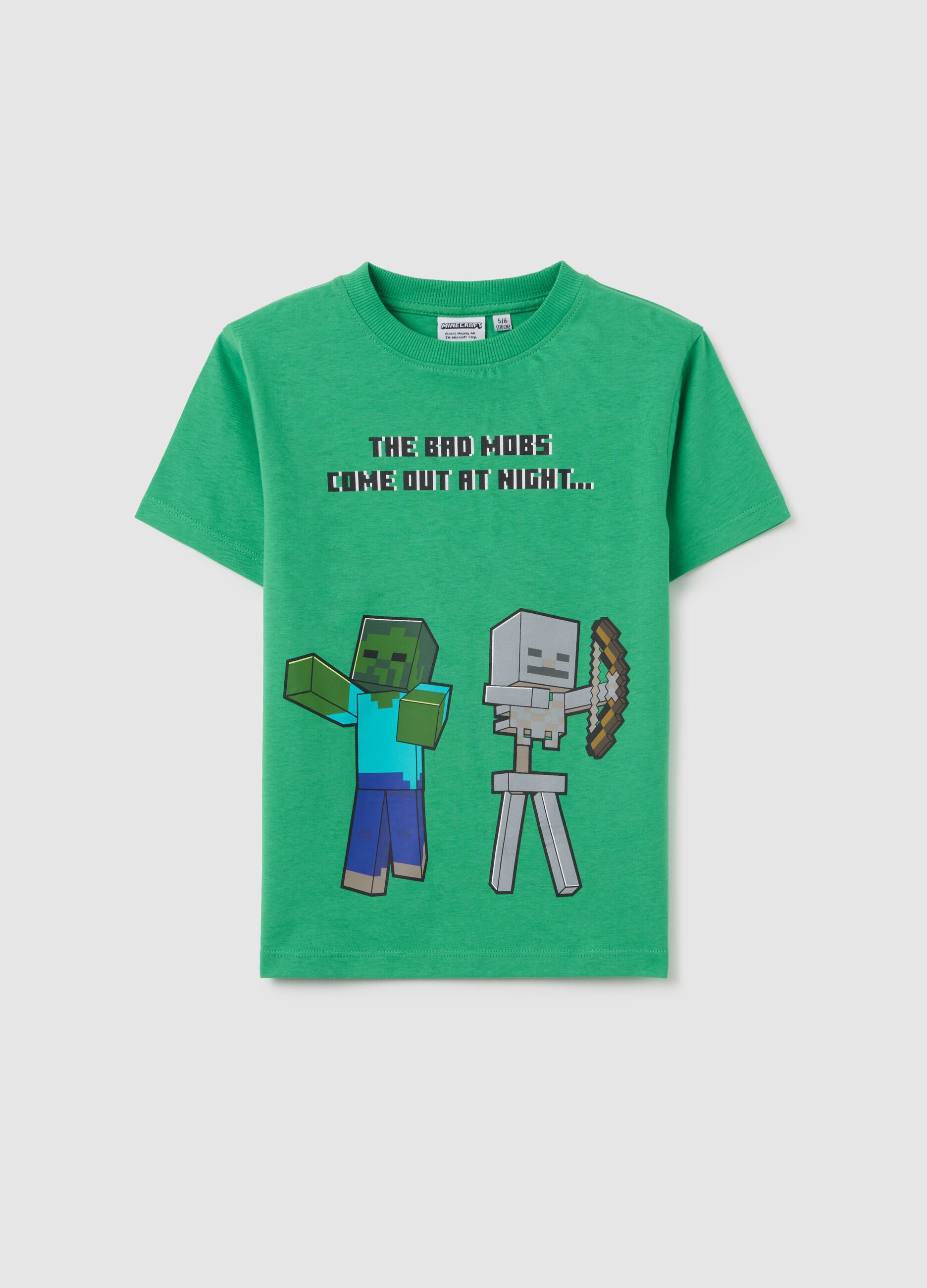 T-shirt da bambino in puro cotone verde regular fit con stampa Minecraft