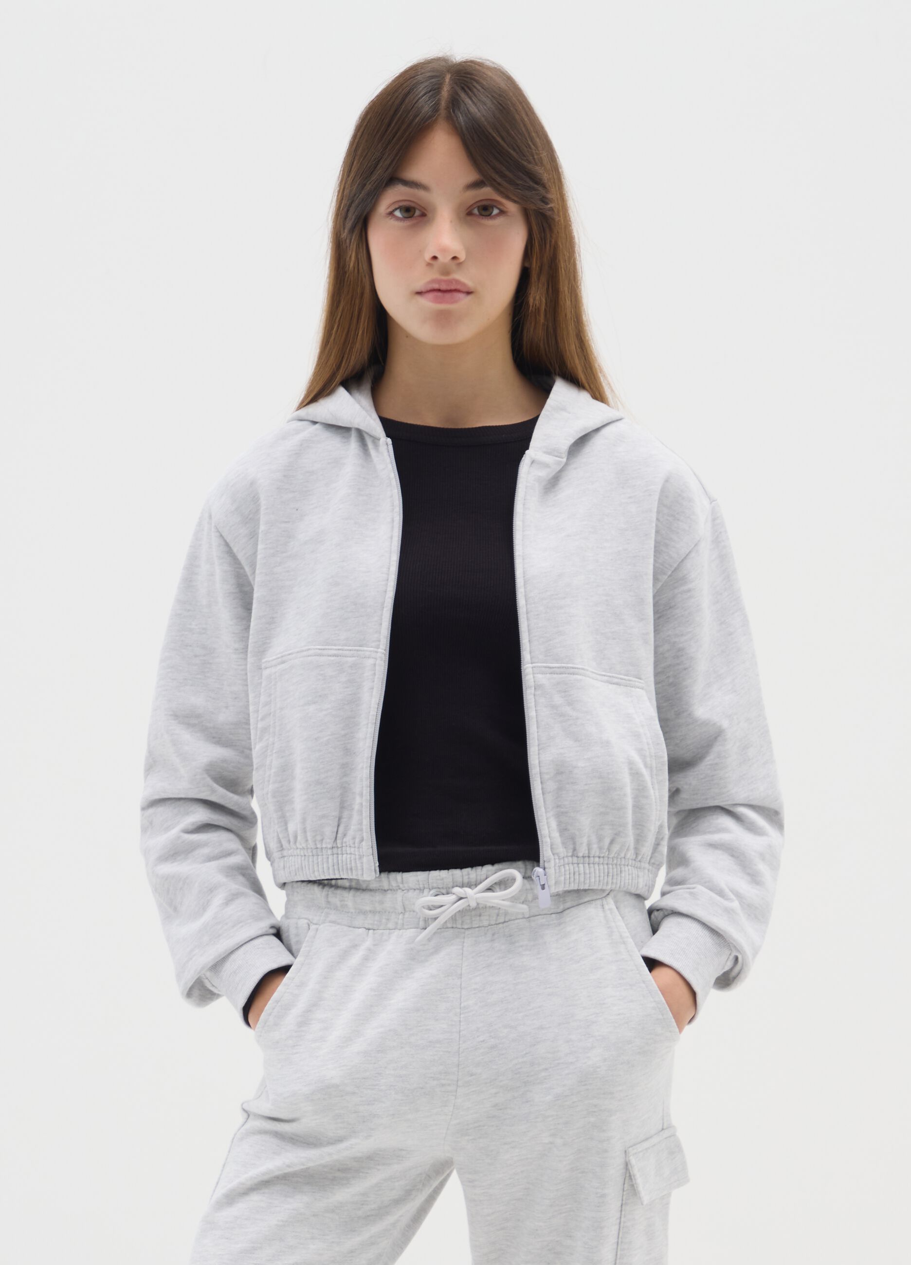 Girls' Grey Fitted Full Zip Cotton Blend Hoodie