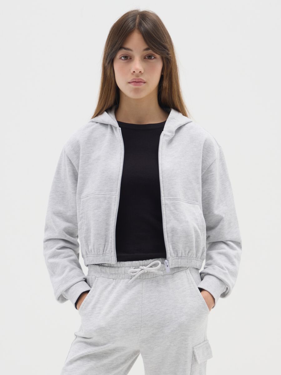 Felpa grigia da ragazza in misto cotone fitted full zip con cappuccio_0