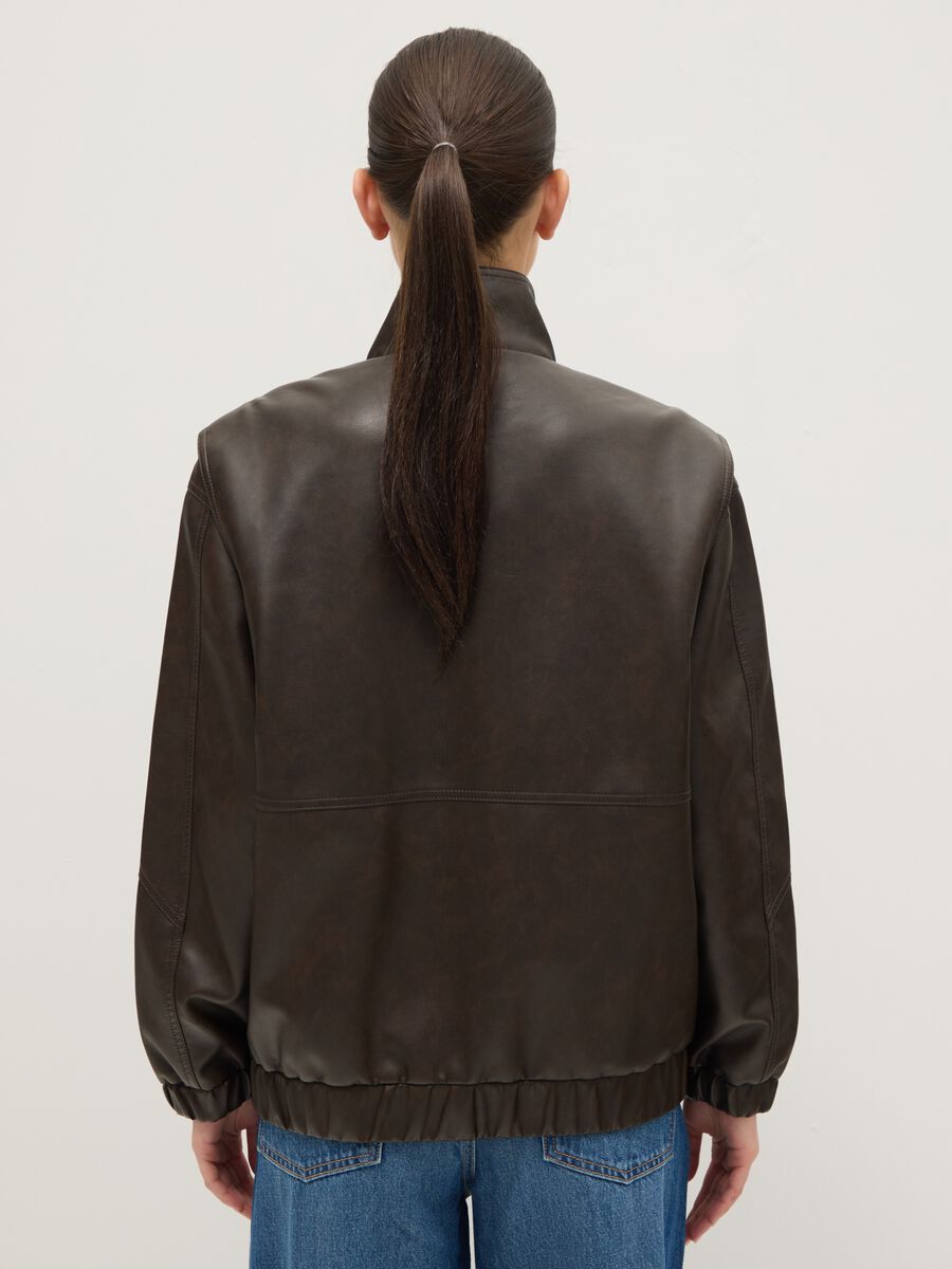 Brown biker jacket over fit with zip and buttons_3