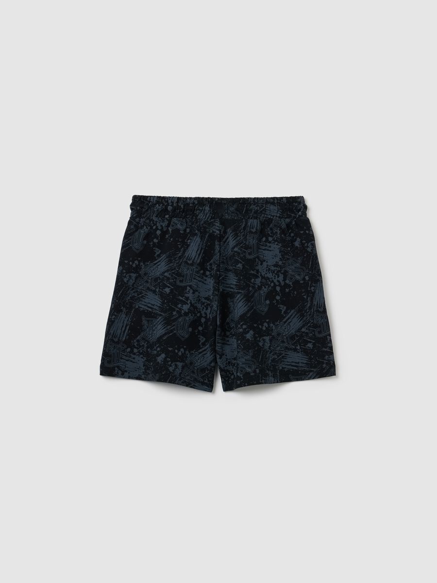 Black cotton shorts with drawstring and abstract print_1