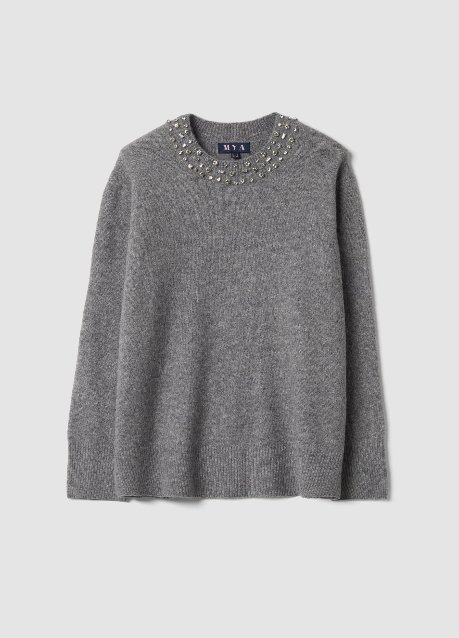 Maglia grigio melange in lana elasticizzata con strass regular fit