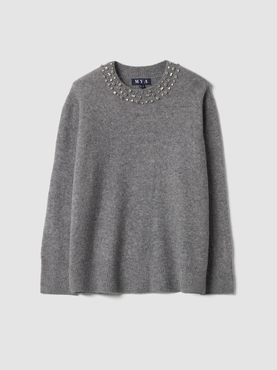 Maglia grigio melange in lana elasticizzata con strass regular fit_0