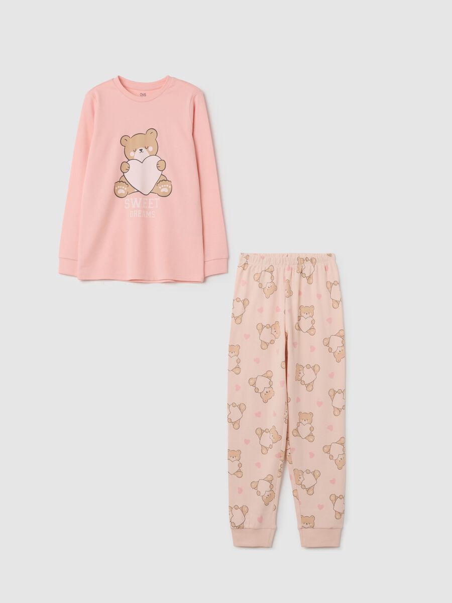 Pigiama da bambina in puro cotone rosa con stampa_0