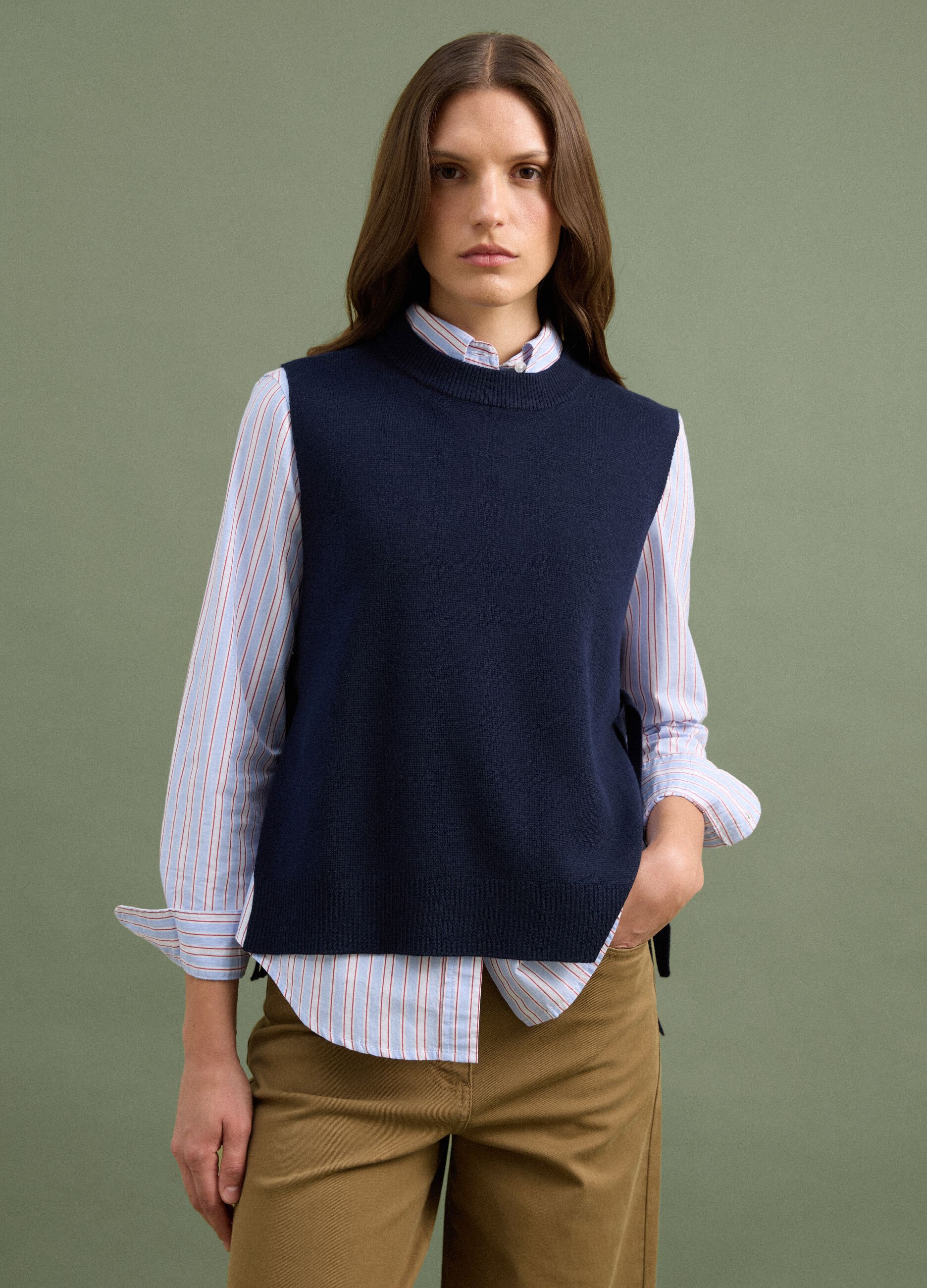 Blue wool-blend crew-neck gilet with tie-fastening side tabs, regular fit