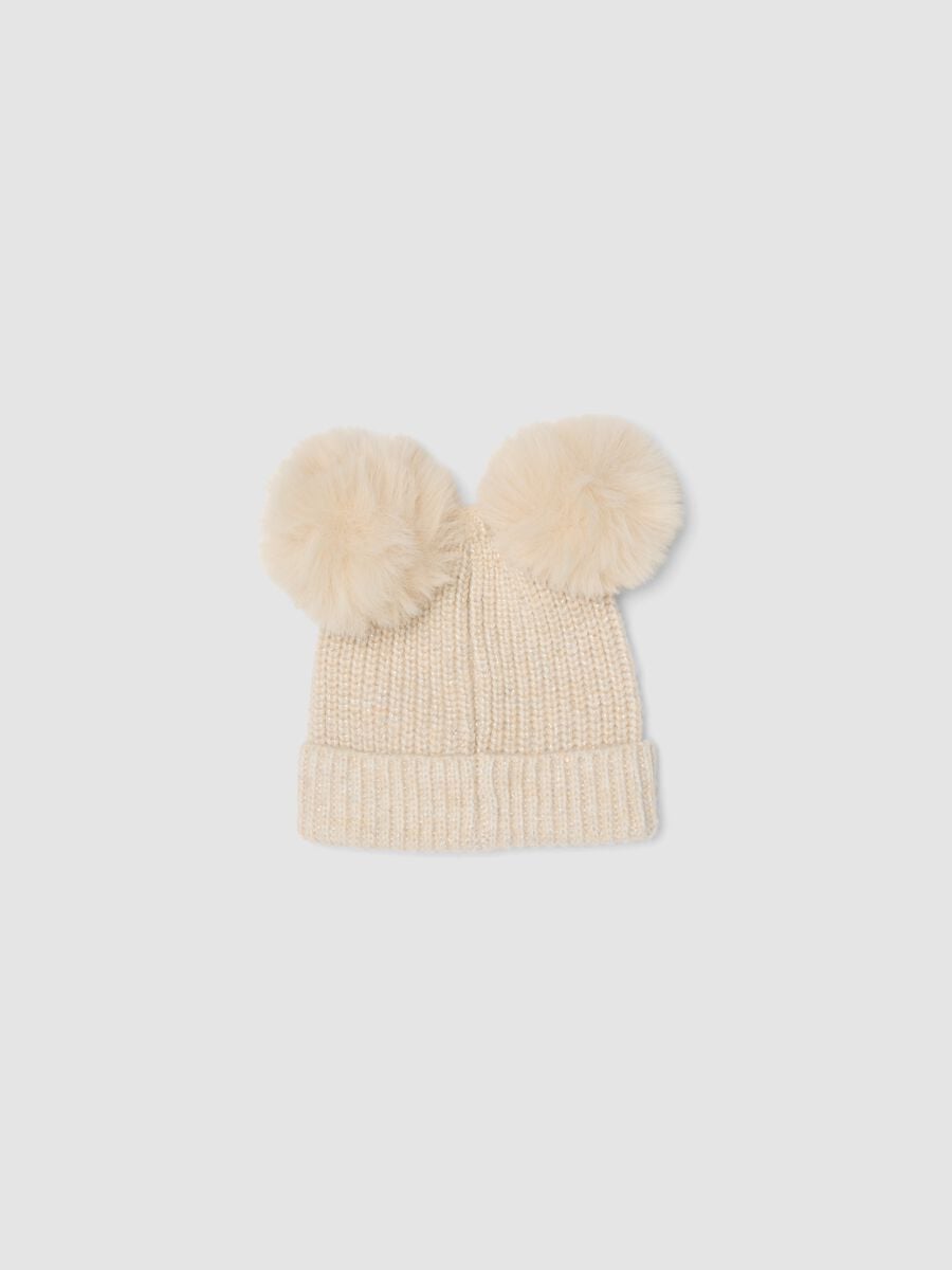 Cappello bianco in misto lana con due pompon e ricamo Minnie_1