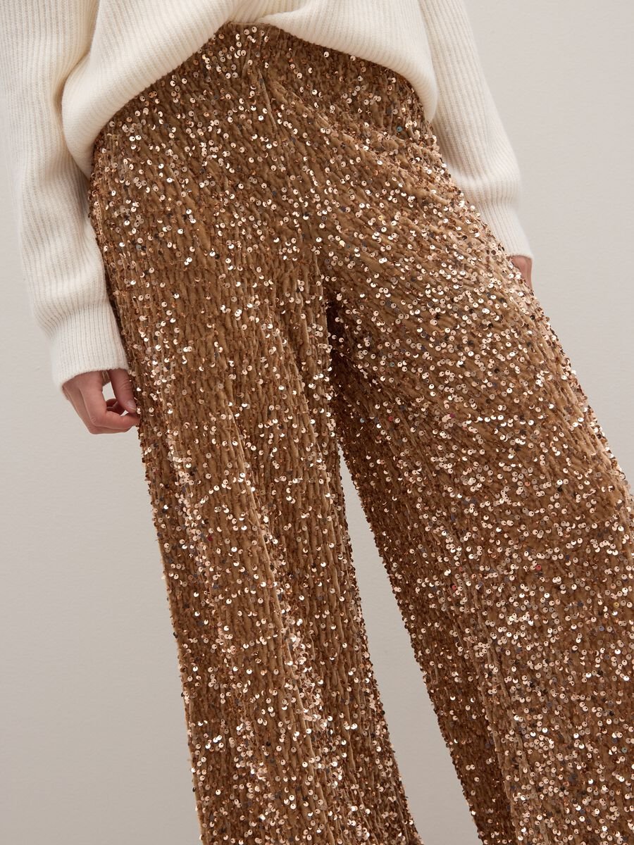 Beige Palazzo Trousers with Sequins_3