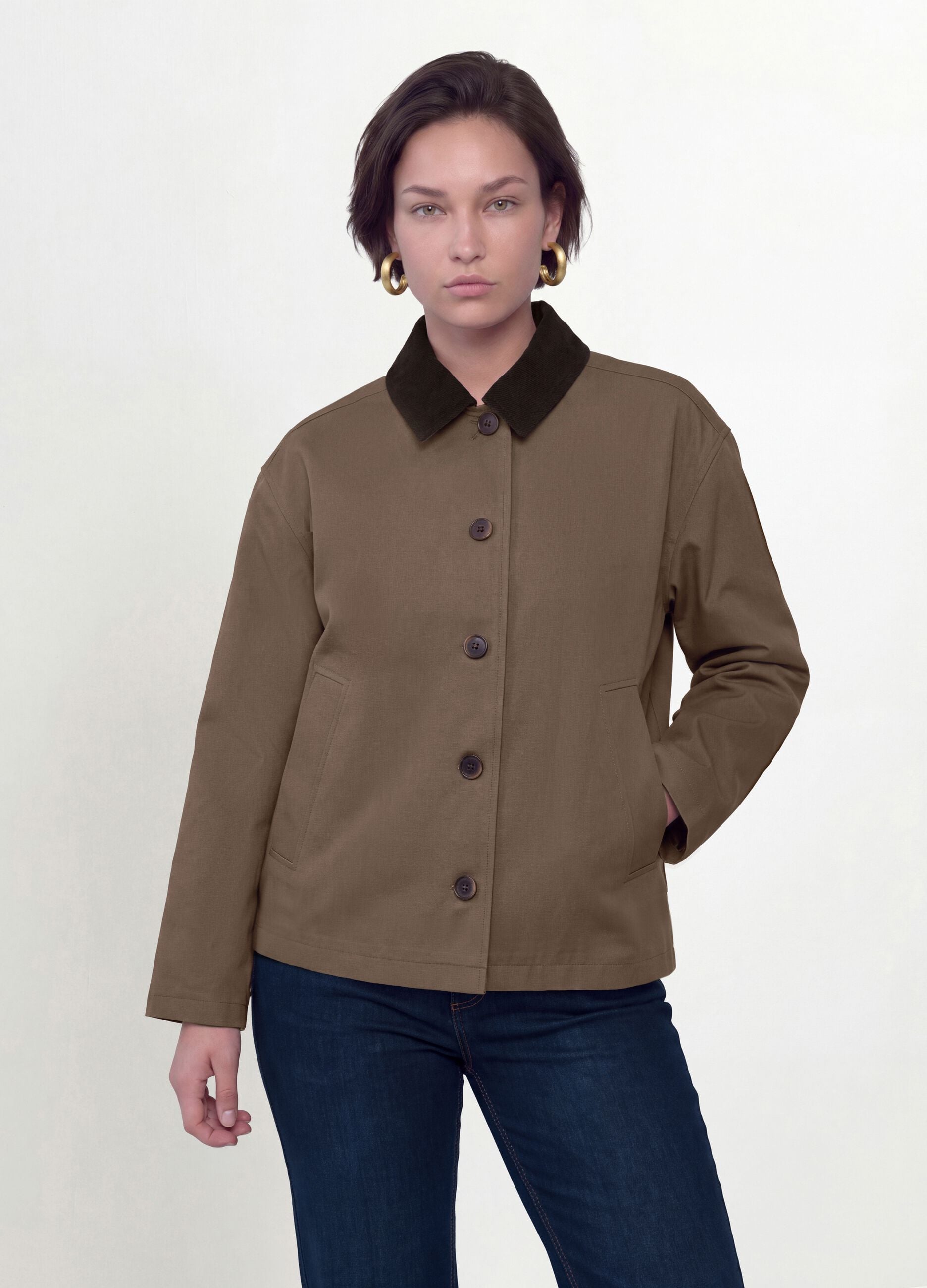 Brown pure cotton jacket with contrast collar, regular fit