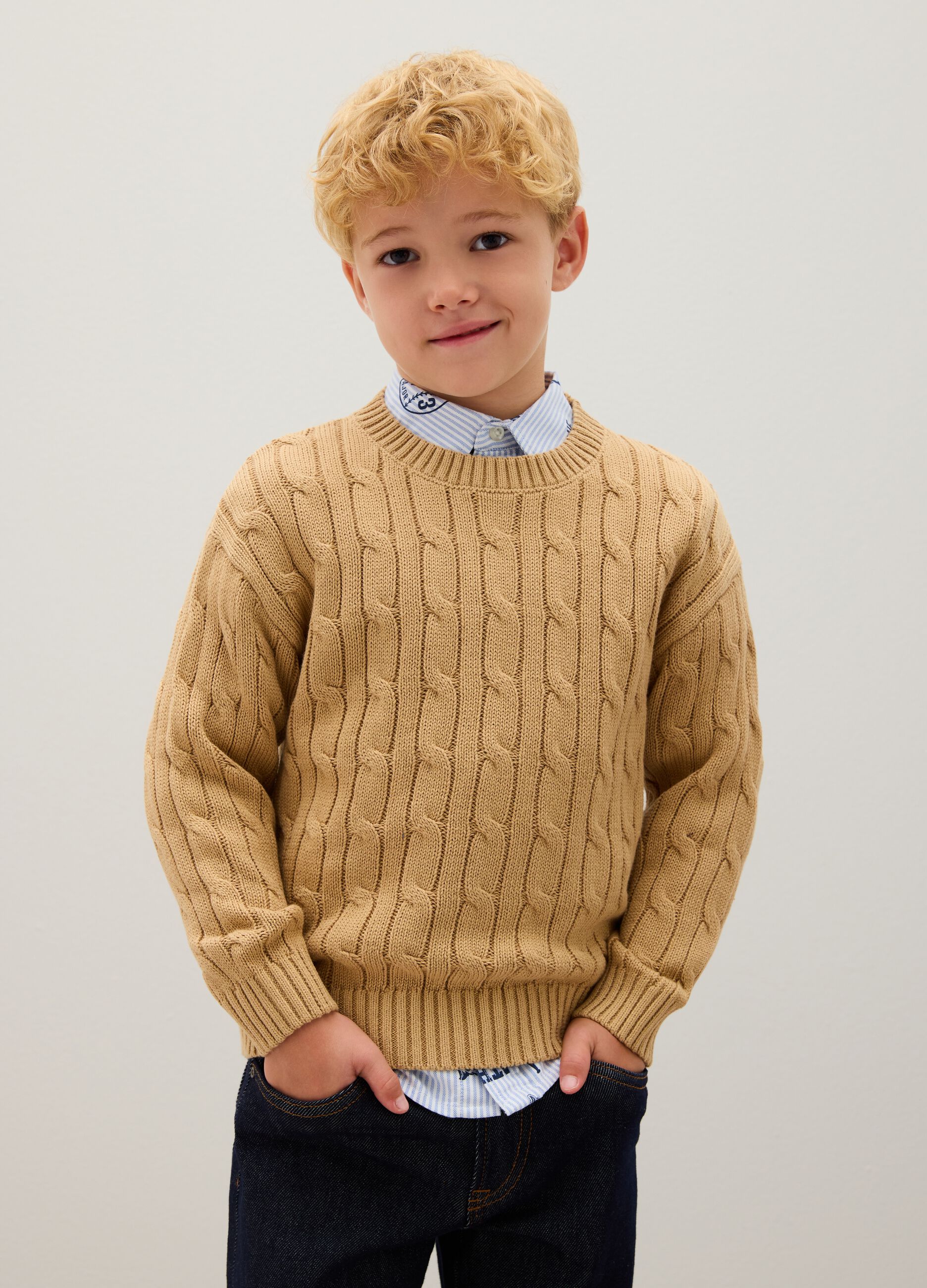 Beige pure cotton regular fit children's jumper